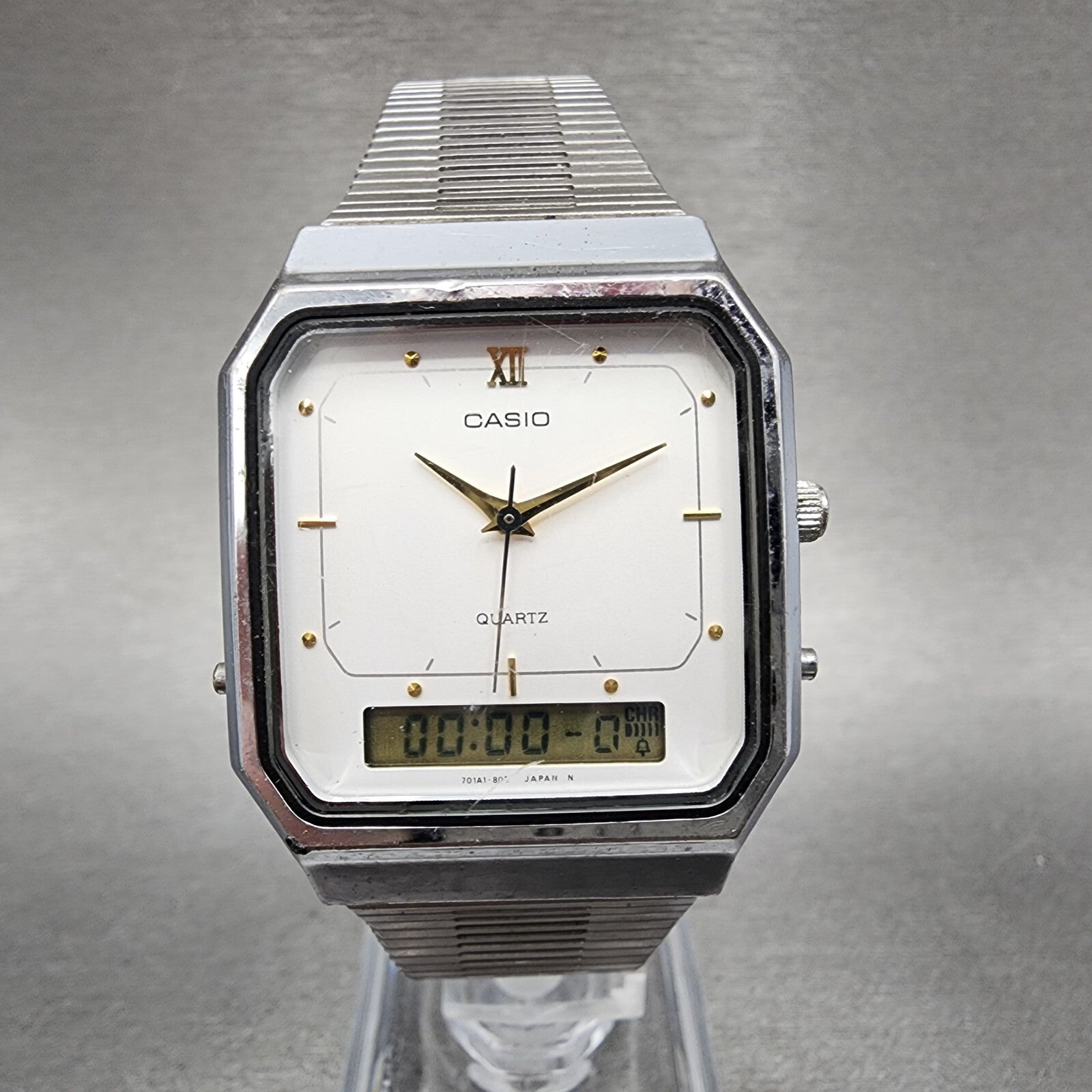 Casio AQ525 Watch Men 31mm White Dial Silver Tone Octagon Alarm Chrono New Batt0