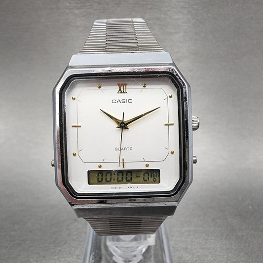 Casio AQ525 Watch Men 31mm White Dial Silver Tone Octagon Alarm Chrono New Batt0