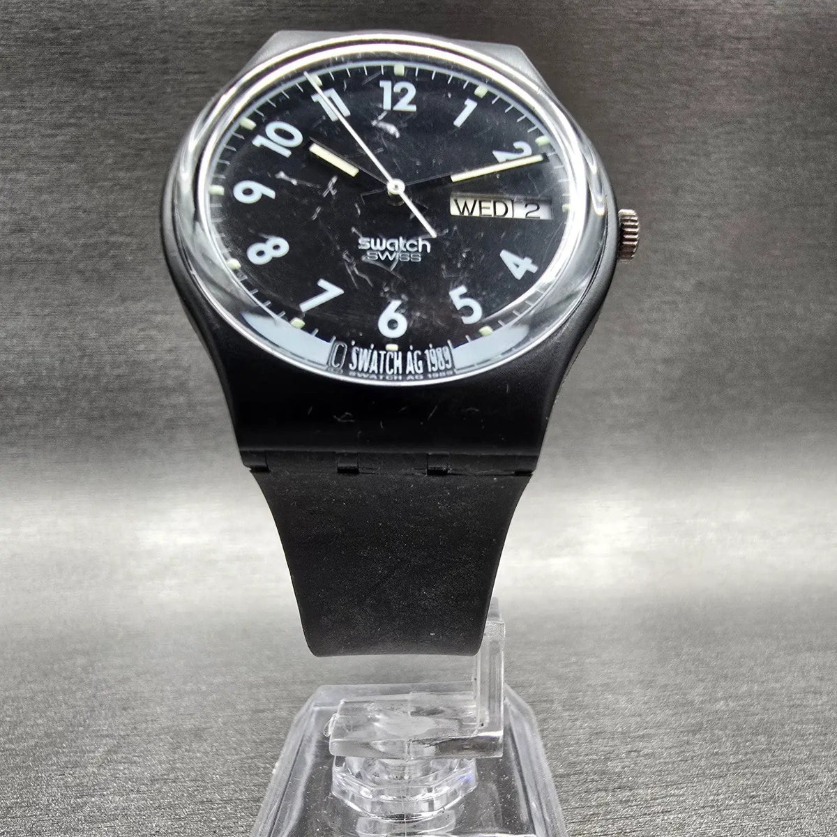 Swatch Big Seven Watch Men 34mm Black Dial Daydate GB730 Round New Battery VTG5