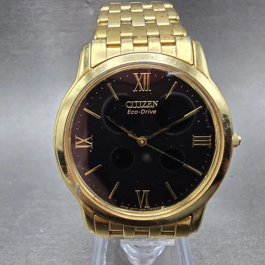 Citizen Eco-Drive Watch Men 35mm Black Dial Gold Tone Round G431-T001823 Runs0