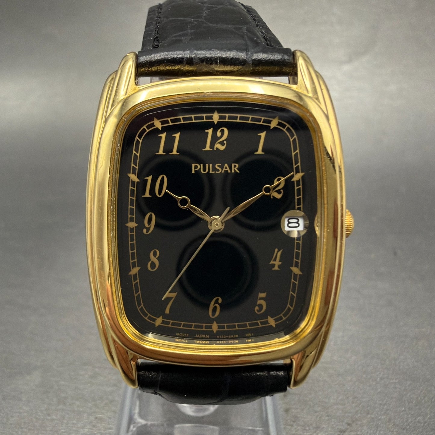 Pulsar Tank Watch Men 31mm Black Dial Gold Tone Date  SAMPLE PARTS0