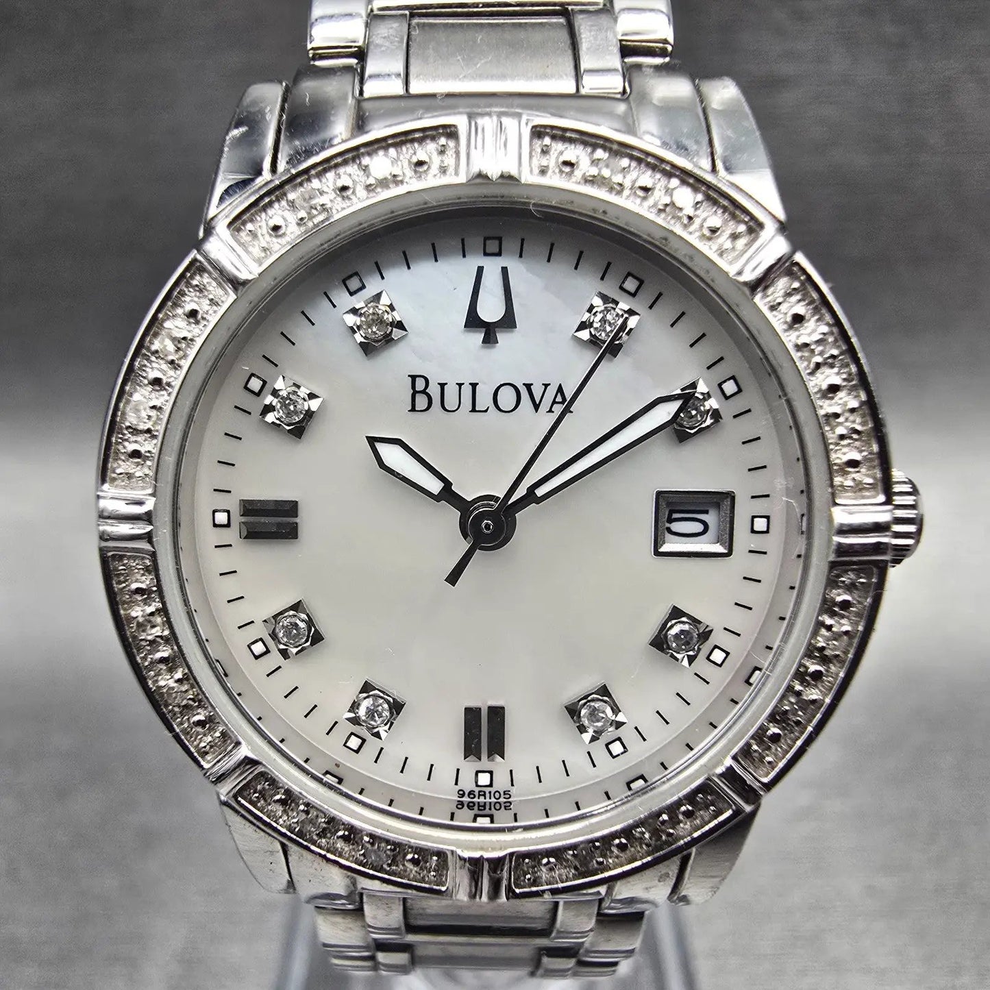 Bulova Womens Watch 29mm MOP Dial Silver Tone Date Diamonds 96R105 New Battery1