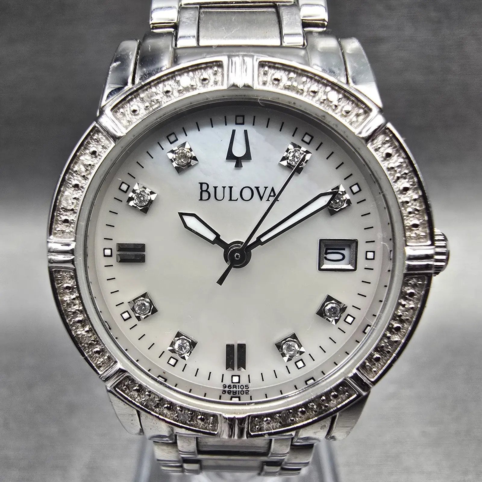 Bulova Womens Watch 29mm MOP Dial Silver Tone Date Diamonds 96R105 New Battery1