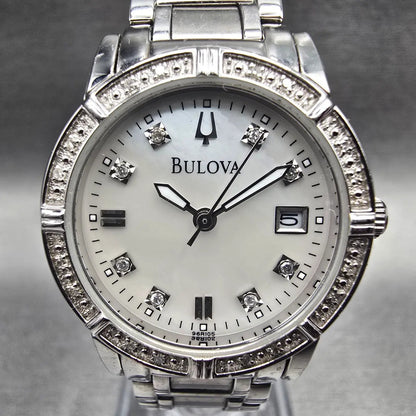 Bulova Womens Watch 29mm MOP Dial Silver Tone Date Diamonds 96R105 New Battery1