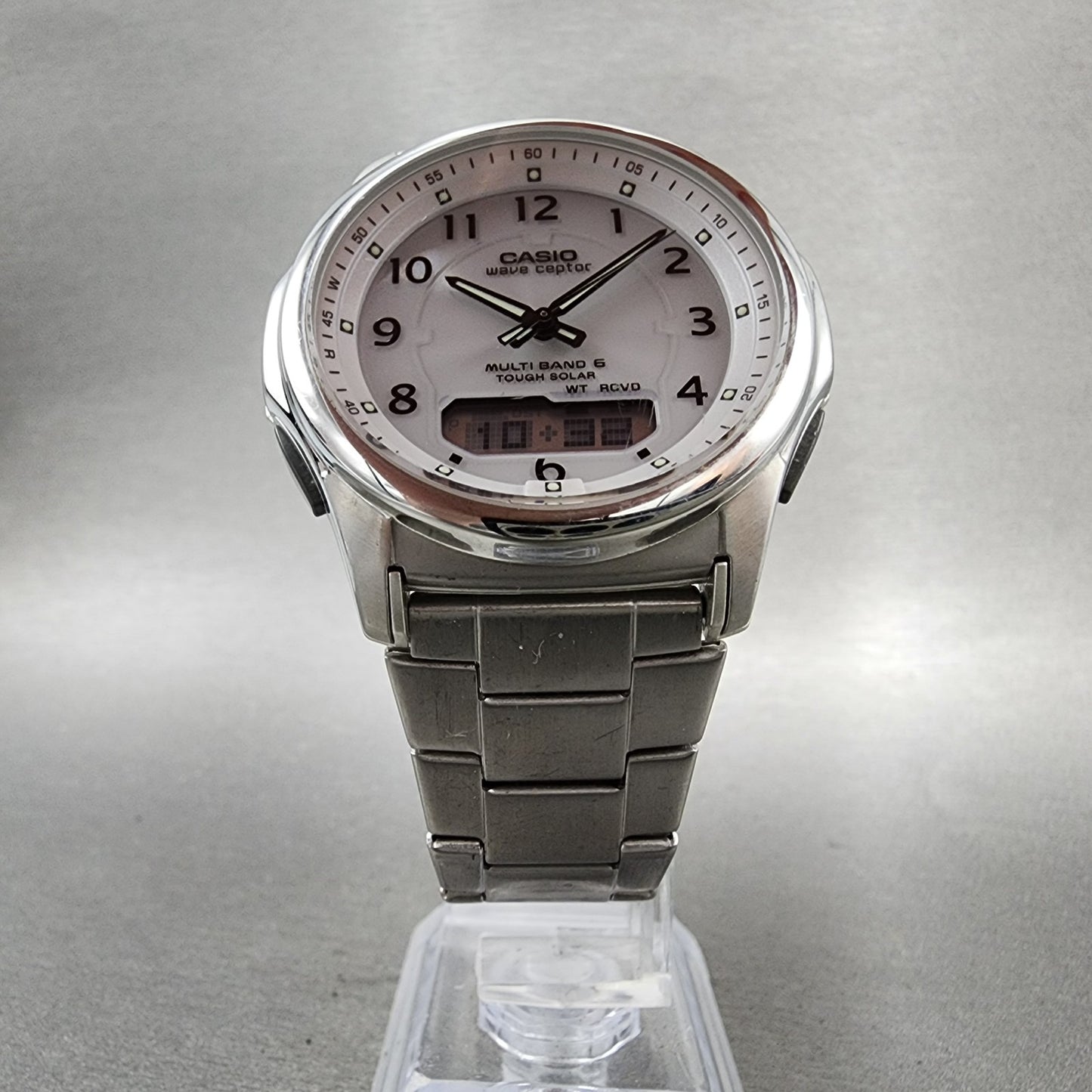 Casio Wave Ceptor Watch Men 42mm White Dial Steel Solar Analog Digital Works5