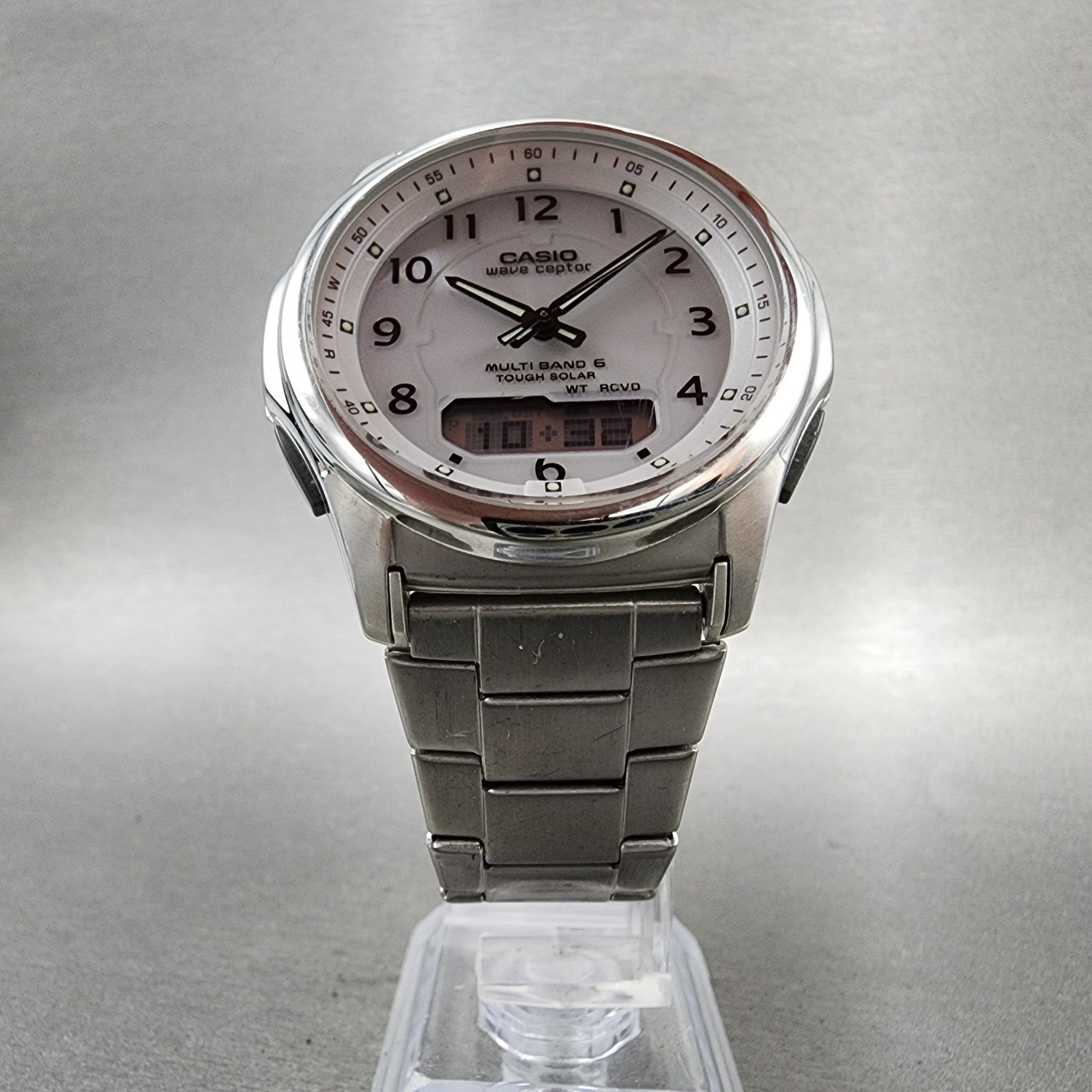 Casio Wave Ceptor Watch Men 42mm White Dial Steel Solar Analog Digital Works5