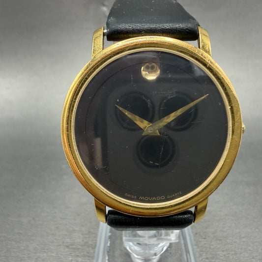 Movado Museum Watch Men 34mm Black Dial Gold Tone Round 87.45.844 New Batt0
