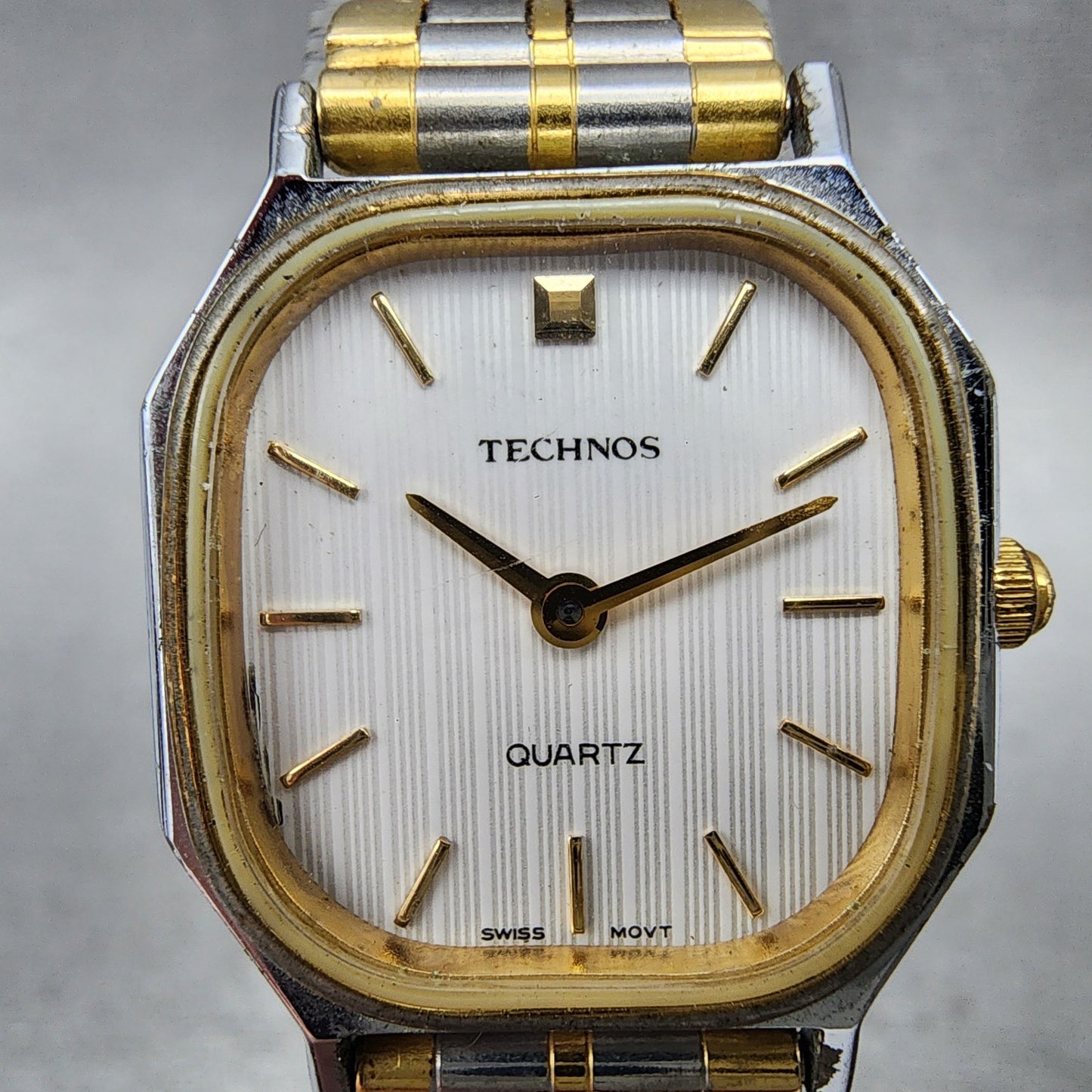 Technos Tank Watch Women 21mm White Dial Two Tone Rectangle New Battery1