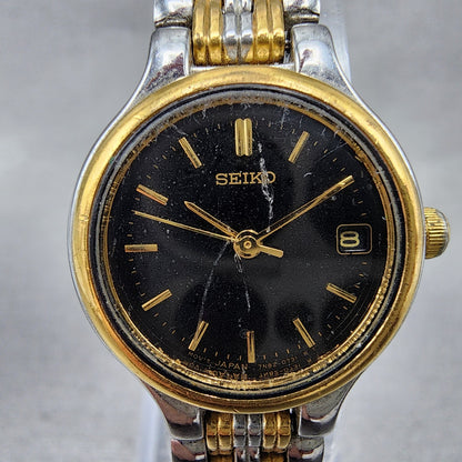 Seiko Watch Women 23mm Black Dial Two Tone Date Round 7N820228 New Battery ABC1