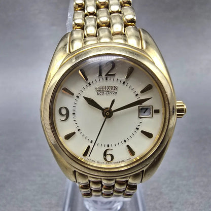 Citizen Eco-Drive Paladion Watch Women 28mm Cream Dial Gold Tone Date Runs0