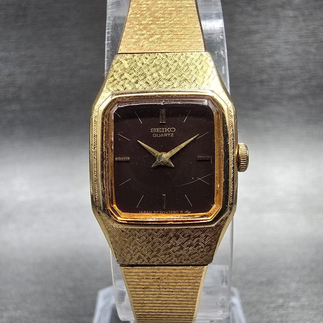 Seiko Watch Women 17mm Brown Dial Gold Tone Rectangle 2C20-5789 New Battery JP540