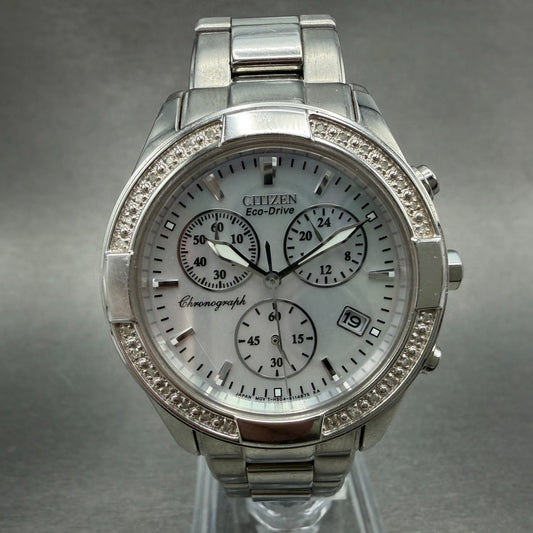 Citizen Eco-Drive Chronograph Watch Women 36mm MOP Dial Steel Diamond Bezel Runs0