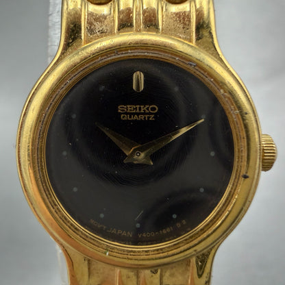 Seiko Watch Women 19mm Black Dial gold Tone Round V400-0538 New Battery Vintage1