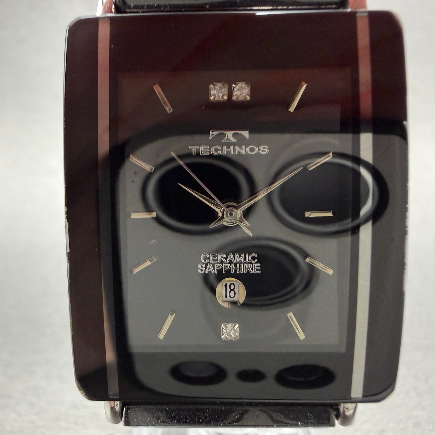 Technos Tank Watch Men 28mm Black Dial Ceramic Steel Date Rectangle New Battery1