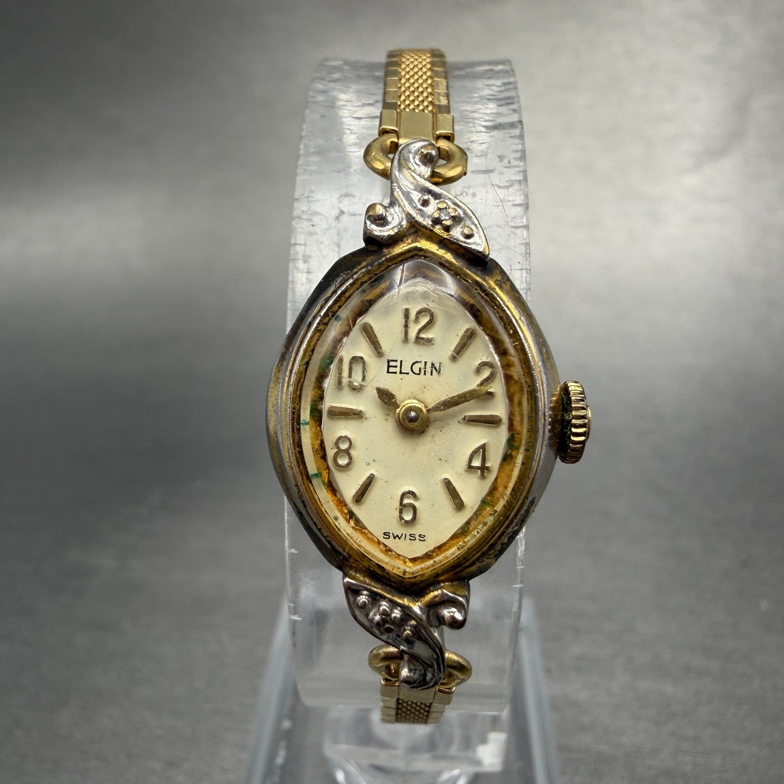 Elgin Watch Women 17mm Cream Dial Gold Tone Manual Wind Runs Vintage Cocktail0
