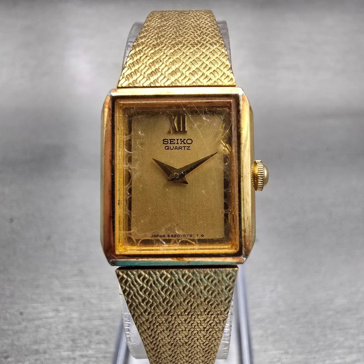 Seiko Watch Women 17mm Gold Dial Gold Tone Rectangle 5420-5390 New Battery VTG0
