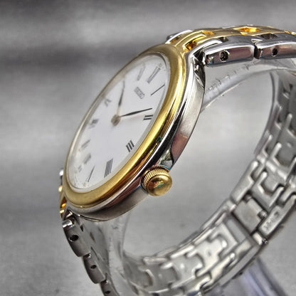 Seiko Watch Men 34mm White Dial Two Tone Date Round 7N39-7029 New Battery VTG2
