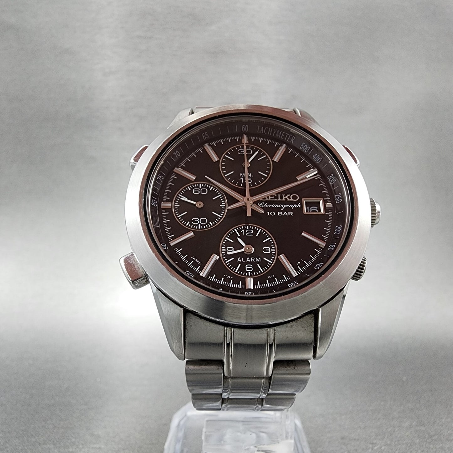 Seiko Chronograph Watch Men 37mm Black Dial Steel Date Alarm Round New Battery