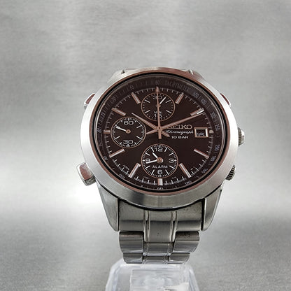 Seiko Chronograph Watch Men 37mm Black Dial Steel Date Alarm Round New Battery