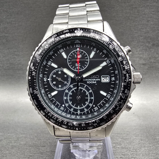 Seiko Flightmaster Chronograph Watch Men 41mm Black Dial Date 7T92-0CF0 New Batt0