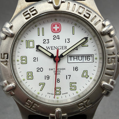 Wenger Dive Watch Men 40mm White Dial Silver Tone Daydate 096.0685 New Battery1