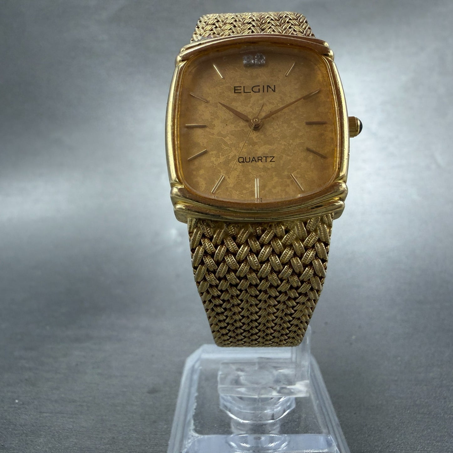 Elgin Watch Men 26mm Gold Dial Gold Tone Rectangle FK282 New Battery VTG5