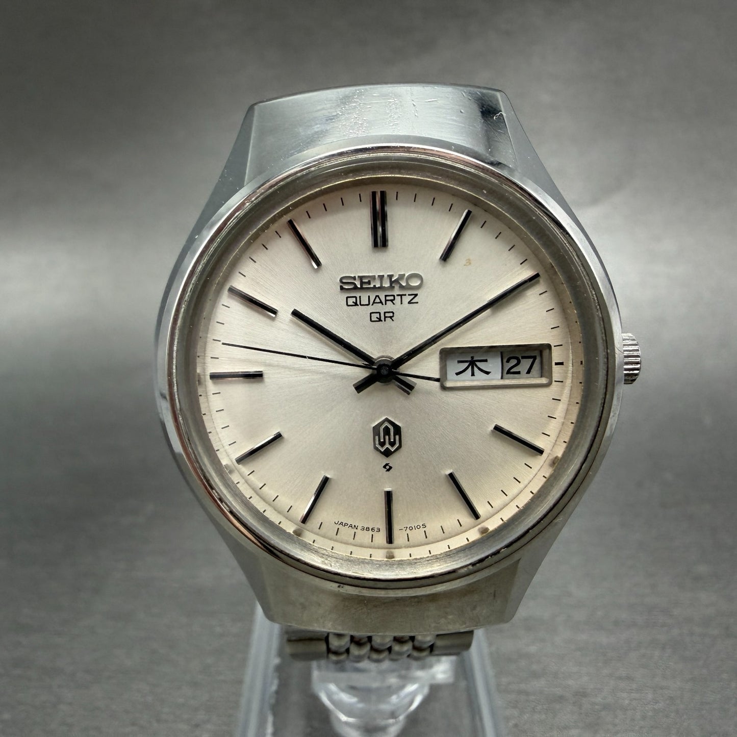 Seiko QR Watch Men 37mm Silver Dial Silver Tone Daydate 3863-7010 New Battery0