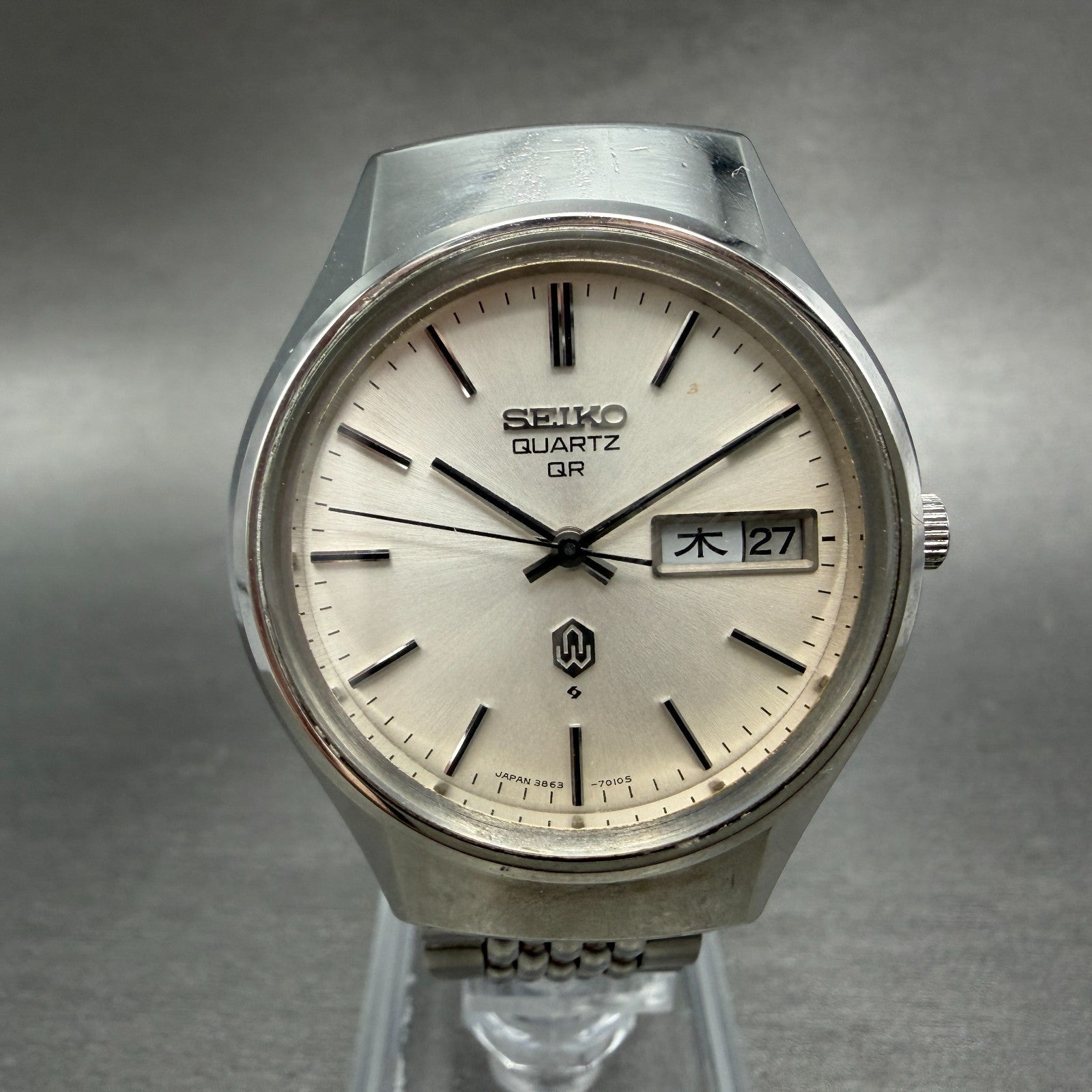 Seiko QR Watch Men 37mm Silver Dial Silver Tone Daydate 3863-7010 New Battery0