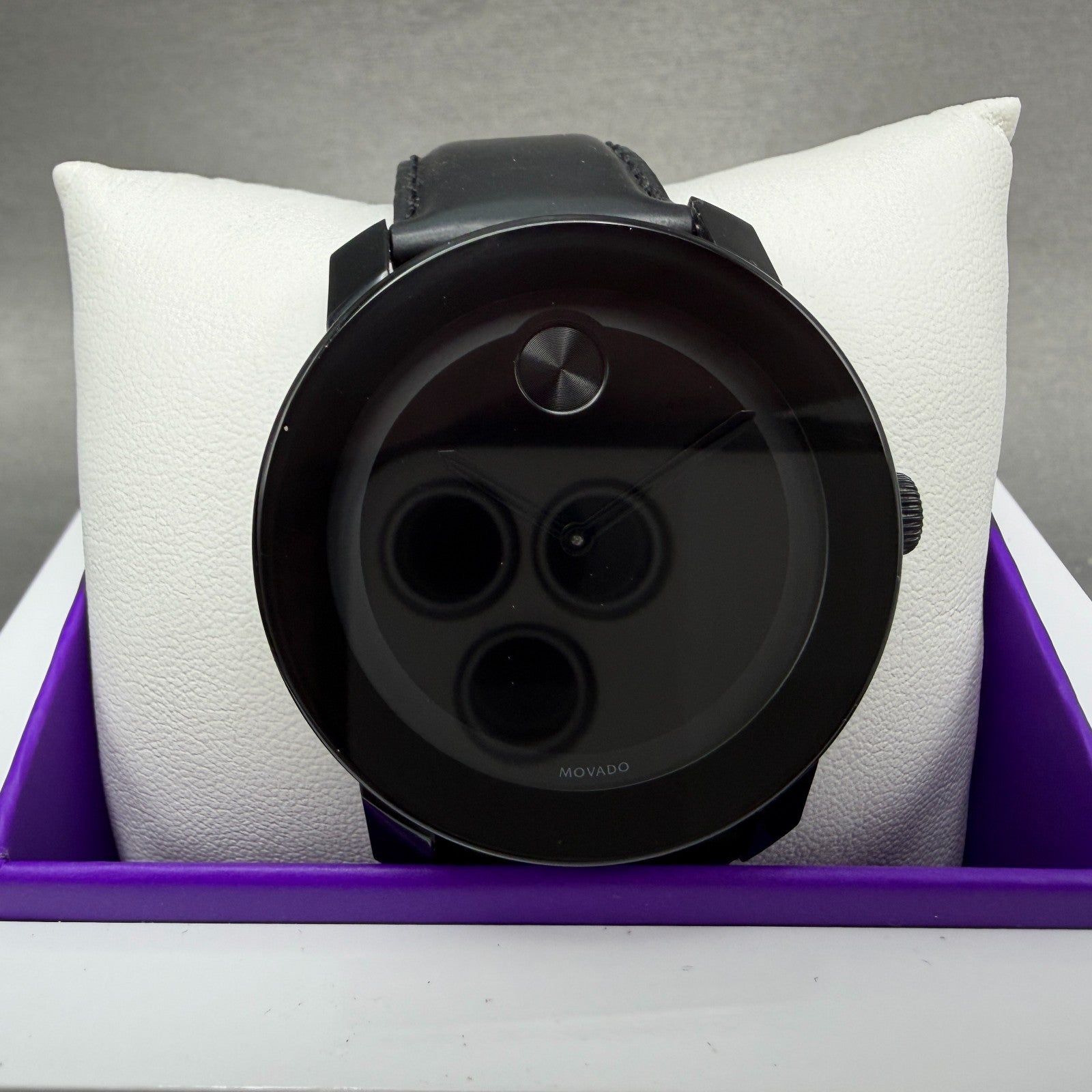 Movado Bold Watch Men 42mm Black Dial Black Tone Leather Band W/box New Battery1