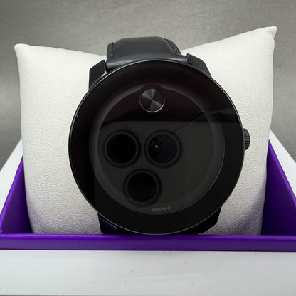Movado Bold Watch Men 42mm Black Dial Black Tone Leather Band W/box New Battery1