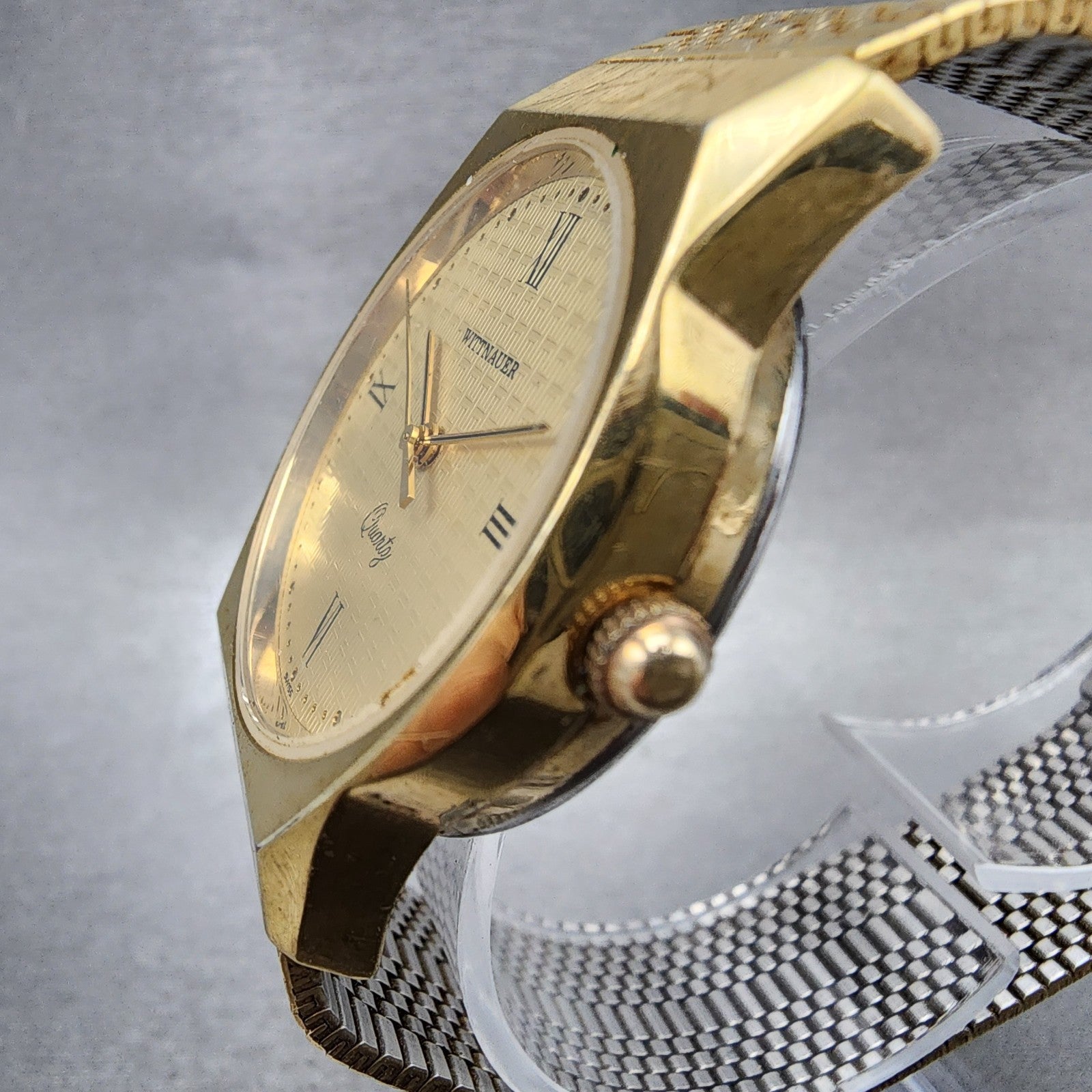 Wittnauer Watch Men 32mm Gold Dial Gold Tone Round Bracelet New Battery3
