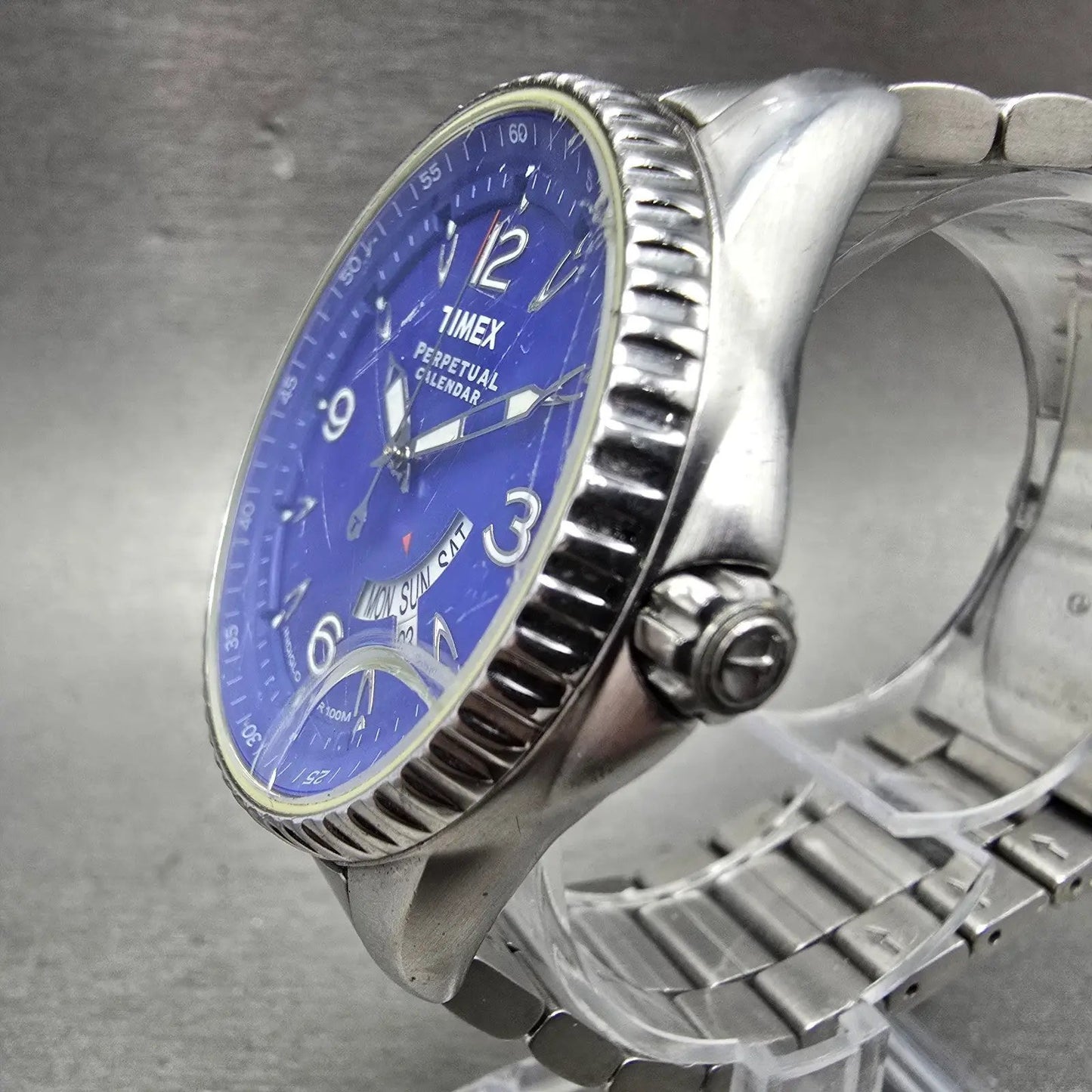 Timex Perpetual Calendar Watch Men 40mm Blue Dial Silver Tone Daydate New Batt2