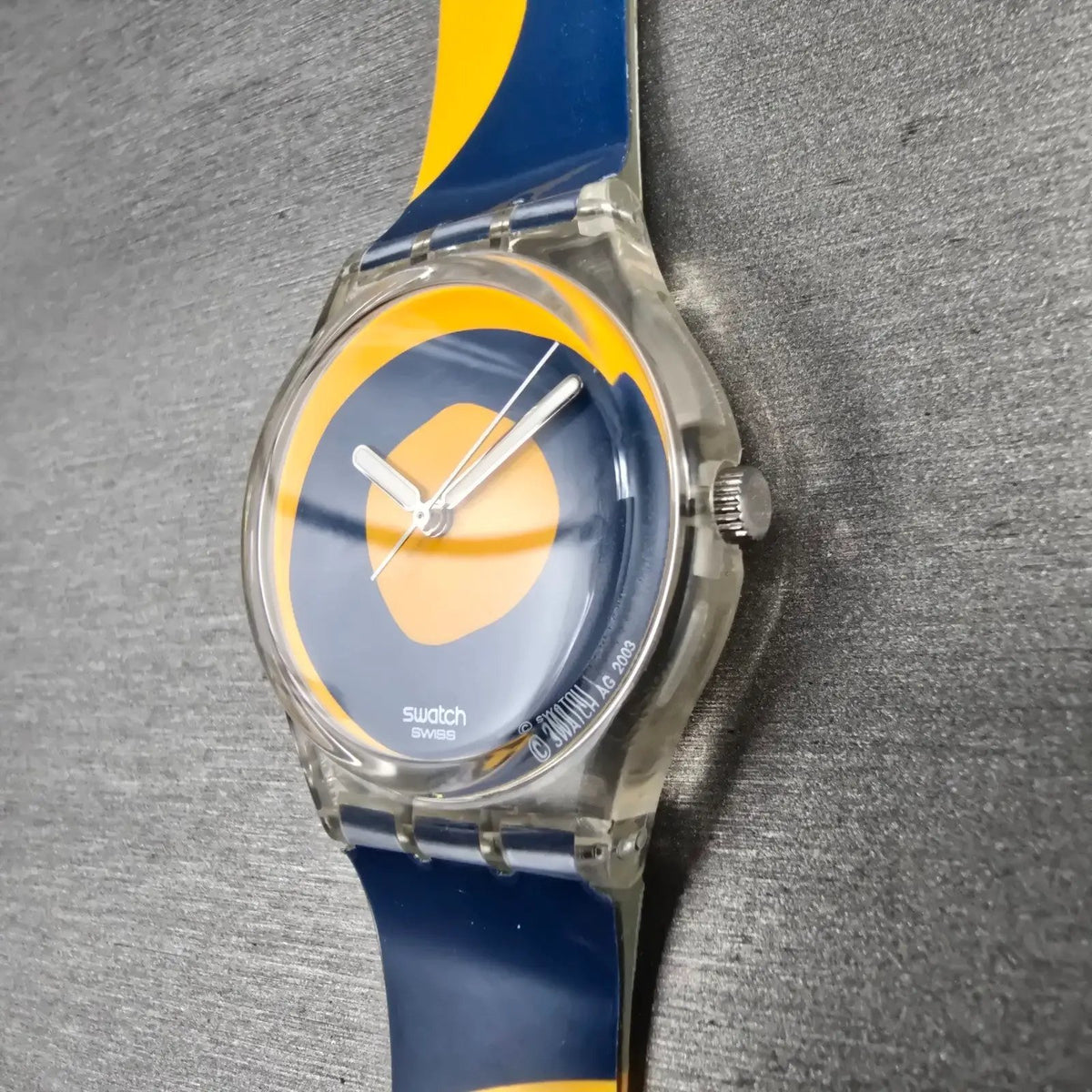 Swatch Kymata Watch Men 34mm Blue Dial Clear Case Round GE148 New Battery2