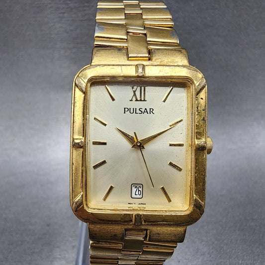 Pulsar Tank Watch Men 26mm Champagne Dial Gold Tone Date Rectangle New Battery