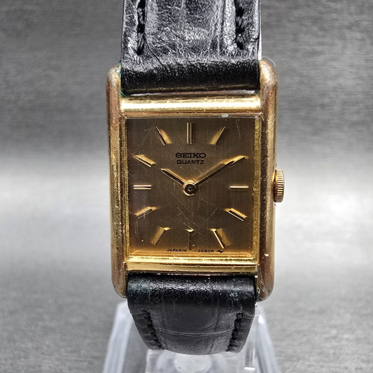 Seiko Tank Watch Women 18mm Gold Dial Gold Tone Rectangle 1400-5039 New Batt JP50