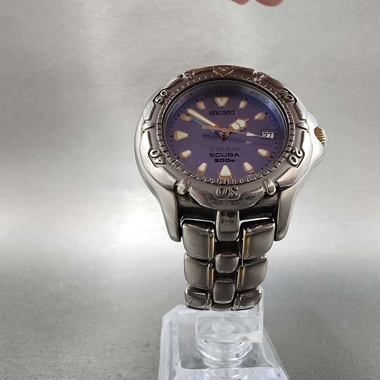 Seiko Scuba Dive Watch Men 38mm MOP Dial Titanium Tone Date 7n356120 PARTS6