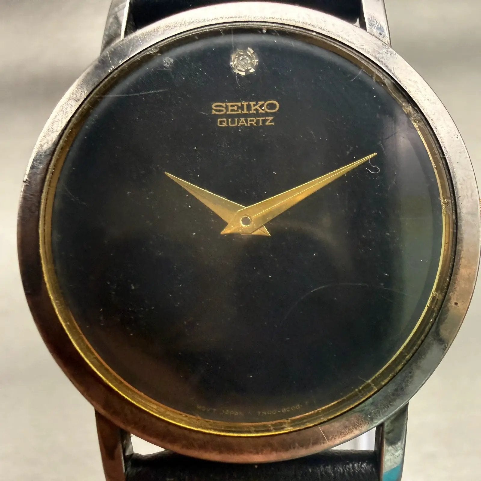 Seiko Watch Men 34mm Black Dial Two Tone Round 7N00-8A49 Vintage New Battery1