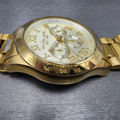 Michael Kors Layton Watch Men 44mm Champange Dial Gold Tone Date Round READ!!!!!6