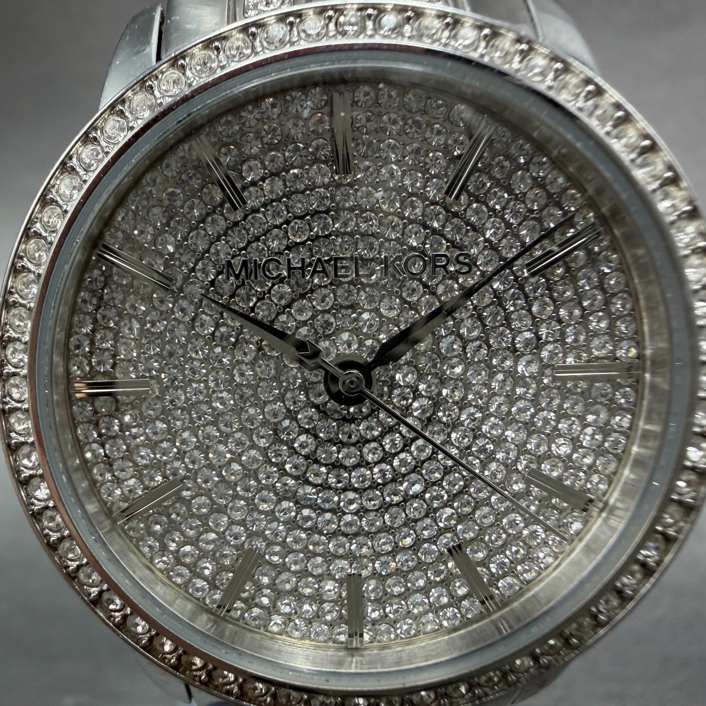 Michael Blake Watch Women 35mm Silver Dial Silver Tone Crystals MK3458 NewBatt1