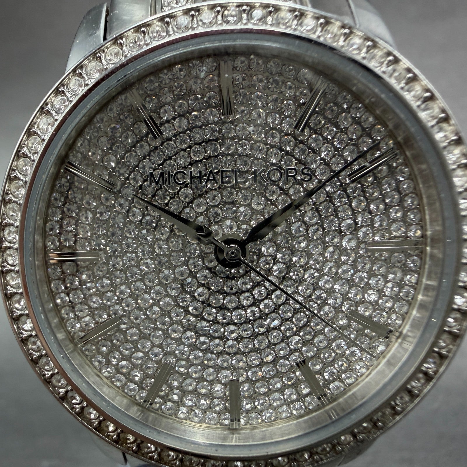 Michael Blake Watch Women 35mm Silver Dial Silver Tone Crystals MK3458 NewBatt1