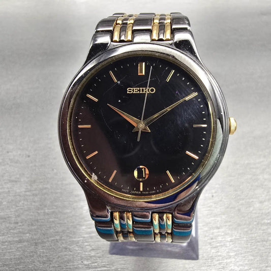 Seiko Watch Men 34mm Black Dial Two Tone Date Round 7N32-0059 New Battery VTG0