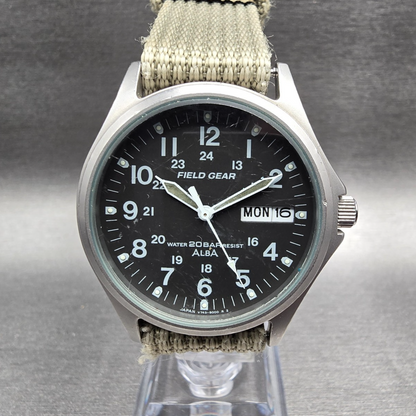Alba Field Gear Watch Men 35mm Gray Dial Silver Daydate V743-8000 New Battery0