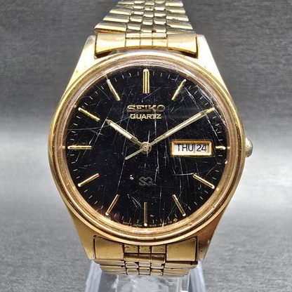 Seiko SQ Watch Men 35mm Black Dial Gold Tone Daydate Round 5Y23-8049 New Batt KL0