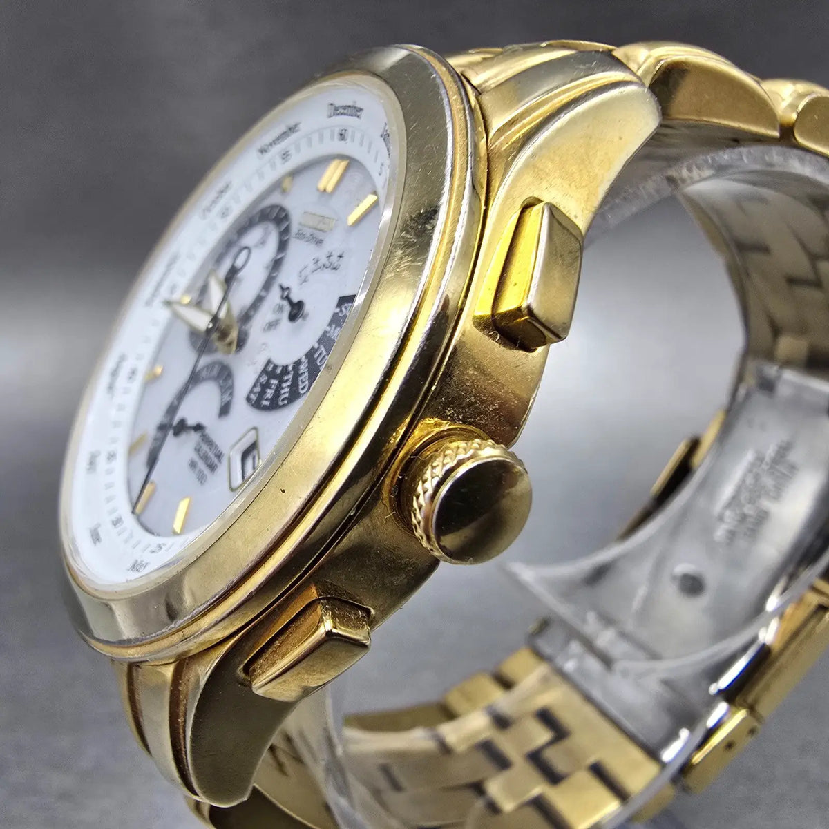 Citizen Eco-Drive Perpetual Calendar Watch Men 39mm White Dial Gold Alarm Runs2