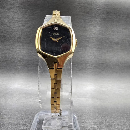 Seiko Watch Women 18mm Black Dial Gold Tone Hexagon 1400-5319 New Battery JP5