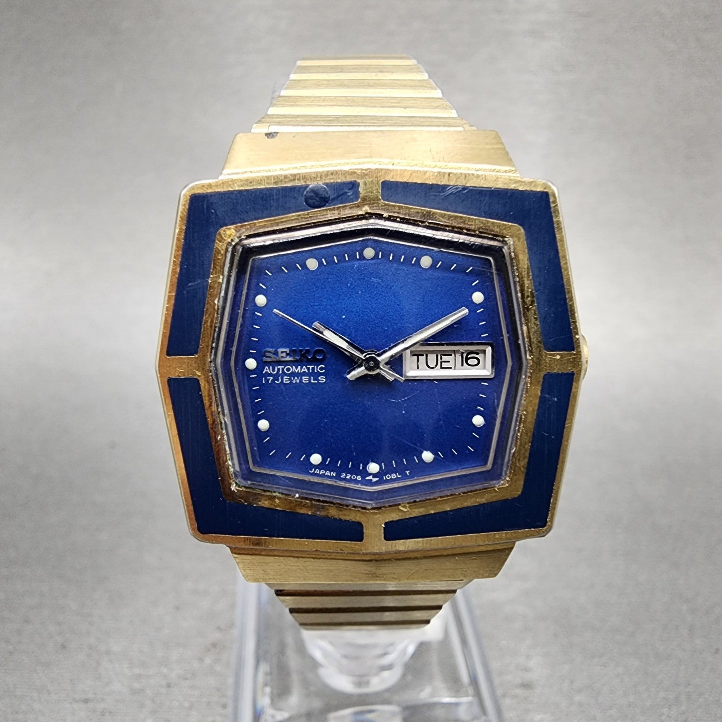 Seiko Automatic Watch Women 27mm Blue Dial Gold Tone Octagon Daydate Runs VTG0