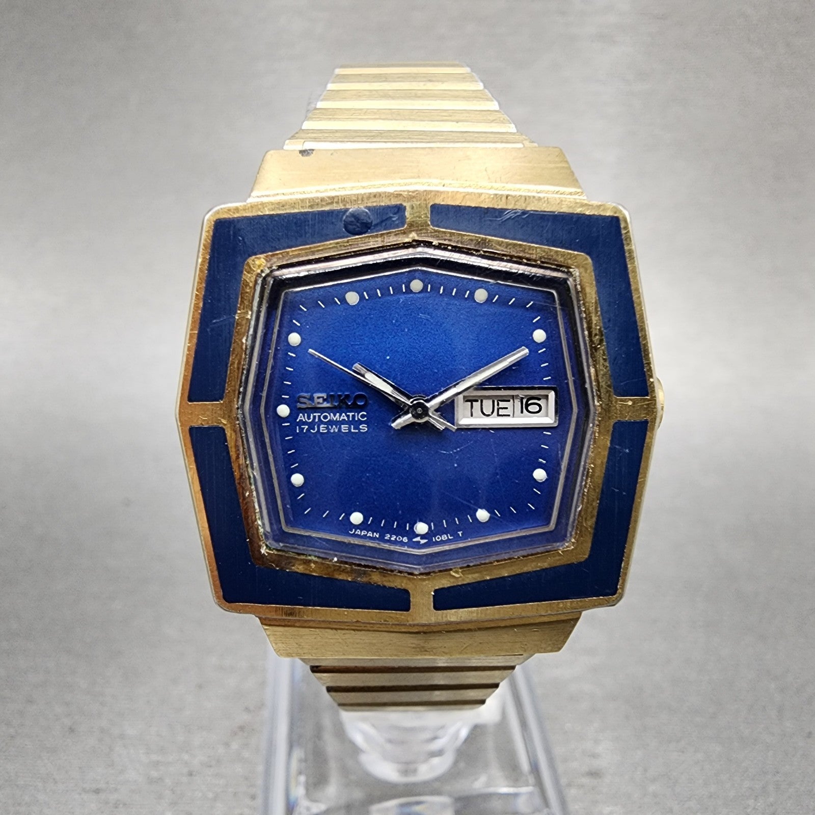 Seiko Automatic Watch Women 27mm Blue Dial Gold Tone Octagon Daydate Runs VTG0