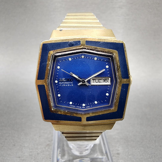 Seiko Automatic Watch Women 27mm Blue Dial Gold Tone Octagon Daydate Runs VTG0