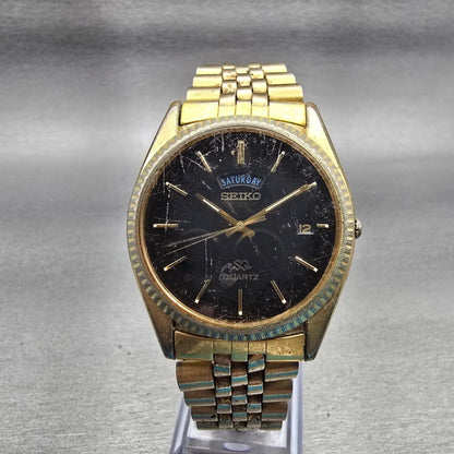 Seiko SQ President Watch Men 36mm Black Dial Gold Tone Daydate 5Y23-8A69 New Bat0