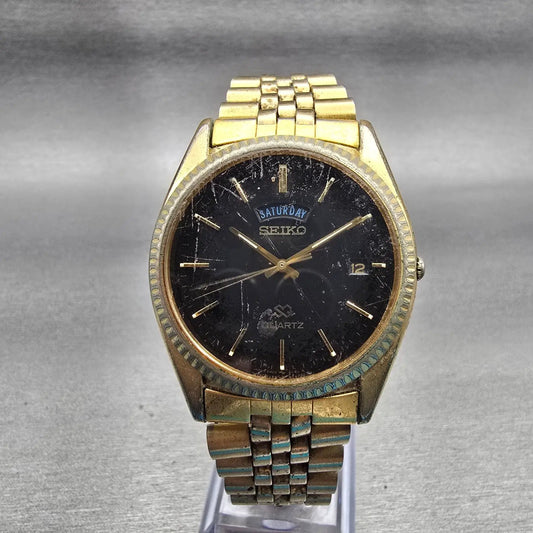Seiko SQ President Watch Men 36mm Black Dial Gold Tone Daydate 5Y23-8A69 New Bat0